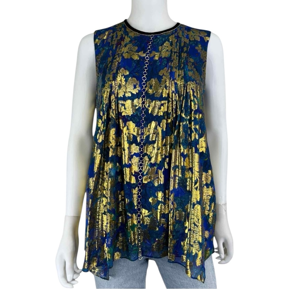 ELIE TAHARI Blue Brocade Silk Blend Top Size S